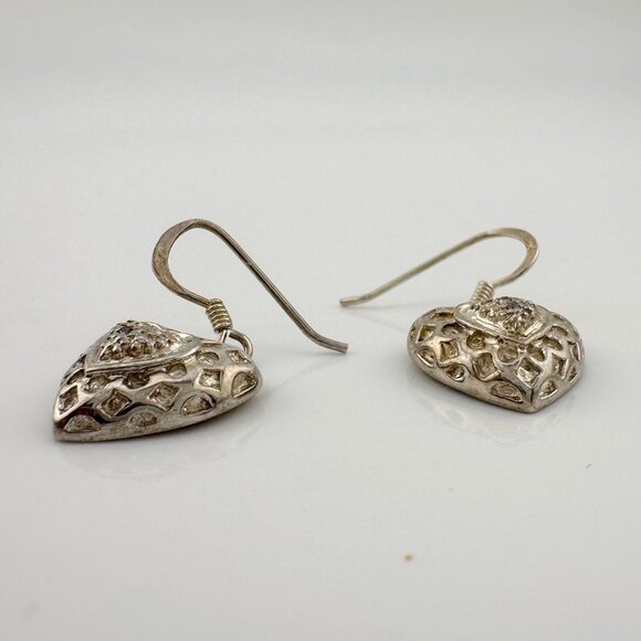 Sterling Silver Heart Dangle Earrings with Small Natural Diamond in Center - Picture 5 of 10